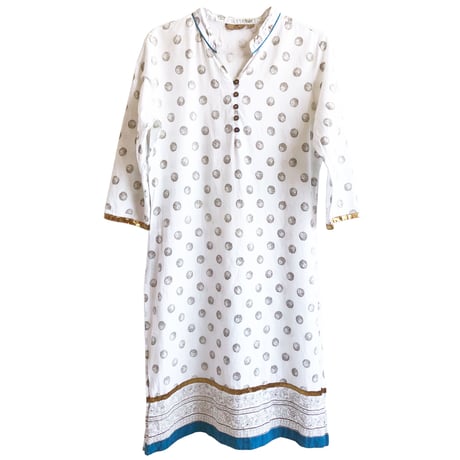 【Anahi/ used India kurta】flower print  tunic one piece -white-gold/s-size (om-216-B)