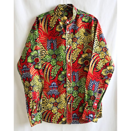 【80's vintage/ african batik】"flower" whole pattern no color shirt -L /  red- (om-237-2-10)