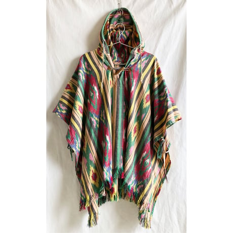【80's vintage/ made in India】"JUST CLASS" kasuri hood poncho -19/multi- (p-232-19d)