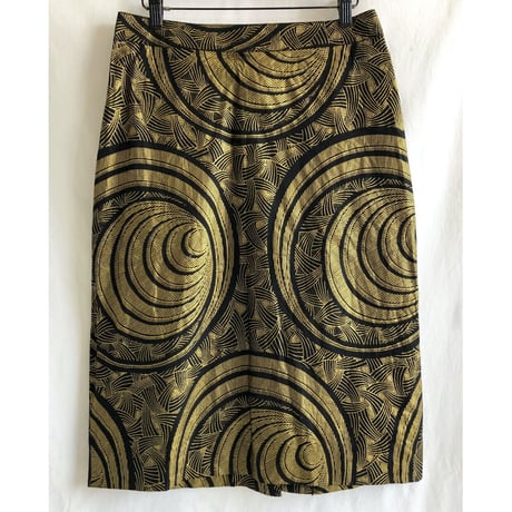 【70's euro  vintage】gold circle & geometric pattern skirt -w 76cm / black-(om-225-8)