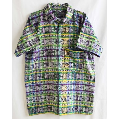 【70's vintage/ made in Guatemala】"kasuri" weaving s/s shirt  -L- (p-237-6c)