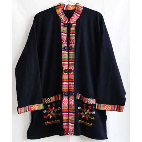 【70's  vintage / made in Thailand】"Hmong/モン族" tribal embroidery jacket -M / black- (jt-264-6-33)