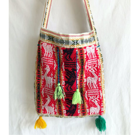 【 vintage / Mexico handmade】"alpaca & deer weaving" shoulder bag -red- (om-225-15c)