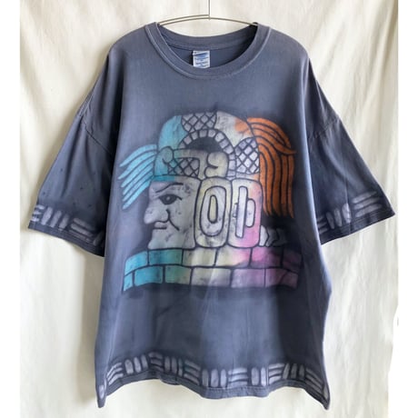 【80's vintage / Mexico handmade】"maya & sun" batik native art T-shirts -XXL / denim- (p-223-8c)