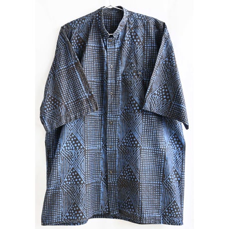 【80's vintage/african batik】"geometric pattern" band color s/s shirts -XL/sax × brown-(p-242-14-4)