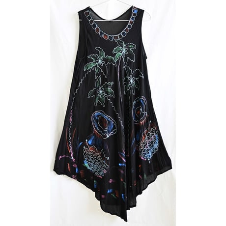 【vintage 80's made in India】tropical embroidery hand painting one-piece/black(om-237-8-5)