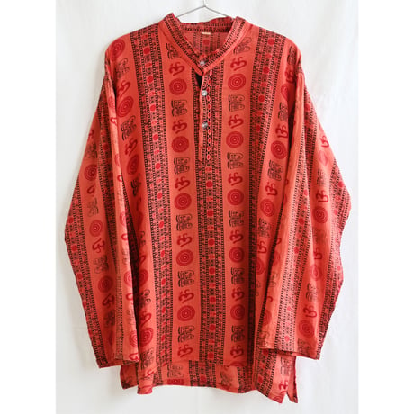 【vintage / India made】"om & geometric pattern" whole pattern pullover shirt -L/orange-(om-237-2-1)
