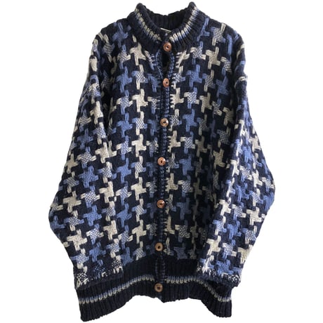 【80's vintage/equador hand made】total pattern wool cardigan - XL /navy × sax- (jt-2110-10)
