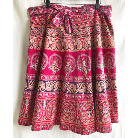【70's vintage / India made】block print / peacock flower pattern wrap skirt -W96cm- (p-223-5)