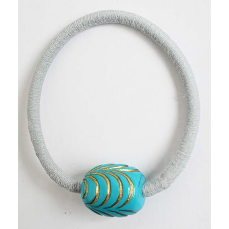 【Hand made】"E-yang" antique wood beads hair tie/turquoise×gold/inddia
