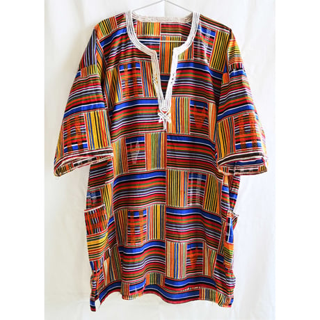 【70's vintage / african batik】"hippie" dashiki s/s pullover shirts -XL / multi- (om-237-1-1)