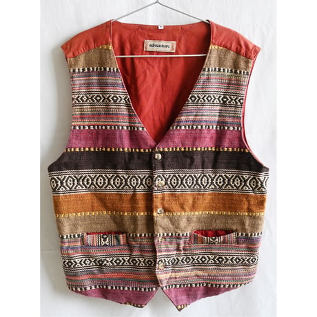 【70's mexico vintage】"adventure" native embroidery vest with cinch back -L- (om-234-5a)