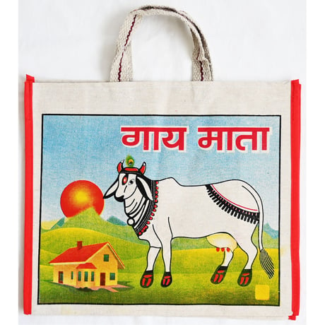 【made in India】"sacred cow" masala cotton canvas bag -natural / 35×40×16cm- (ti-235-18)