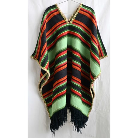 【70's vintage / mexico made】"native pattern" border poncho -free / mint green- (p-242-8-1)