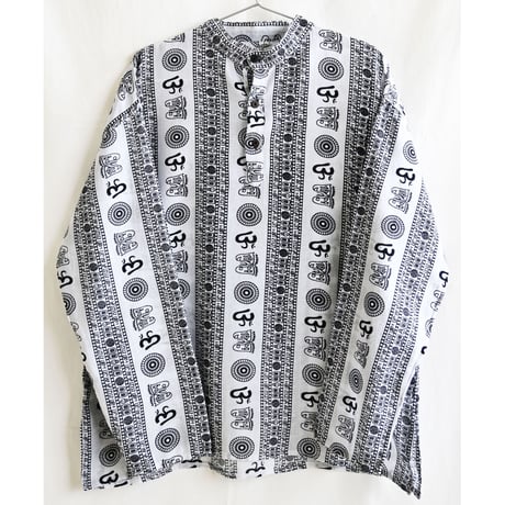 【vintage / India made】"om & geometric pattern" whole pattern pullover shirt -L/whie-(om-237-2-2)