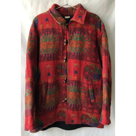 【70's vintage / Nepal handmade】"sun & moon" whole pattern ethnic cotton jacket -M / red-/om-2301-6b