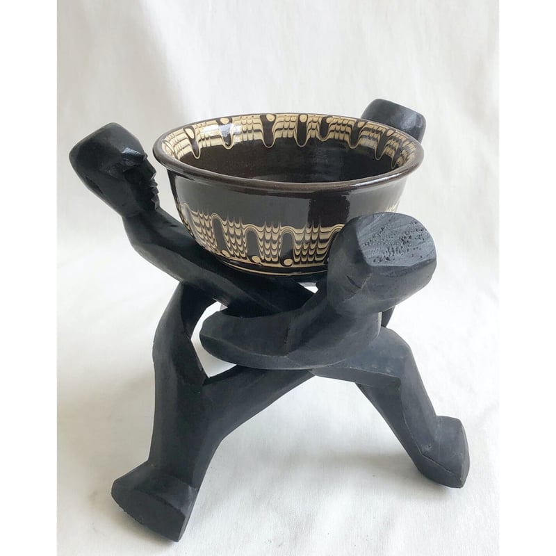 木彫り 黒人頭部置物 約18cm オブジェ Art Ghana hand made】