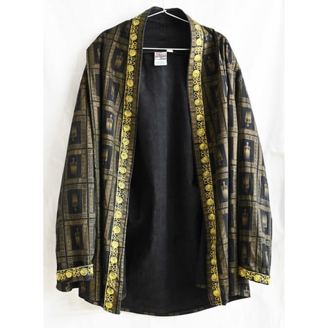 【80's Vintage】"THE AFRICAN STAR"african batik afro comb shirts gown -Lady's L/black&gold-(p-242-8-2)