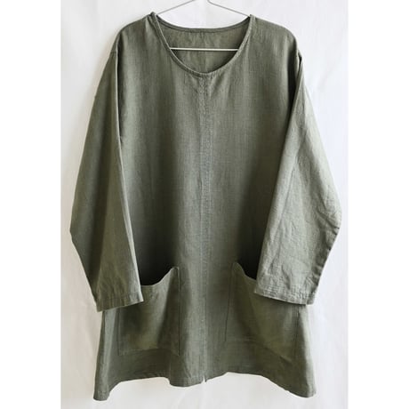 【euro vintage / France】Linen pullover long-sleeve big tunic shirts/olive green(yh-237-1)