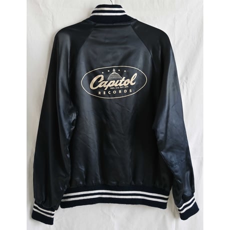 【 70's vintage / Lacy / US made】"Capitol Records" official satin jacket -S / navy- (p-242-31-1)