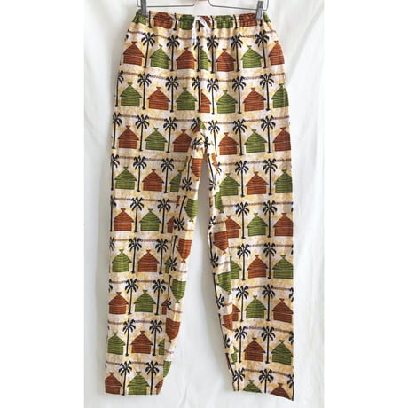 【80's vintage / africa handmade】"african batik" remake easy pants -free / beige- (om-228-21-13)