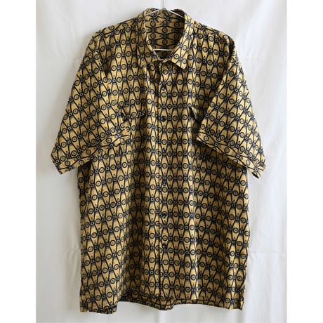 【80's vintage/african batik】"VERITABLE WAX" clock whole pattern s/s shirt -XL / khaki - (p-237-6a)