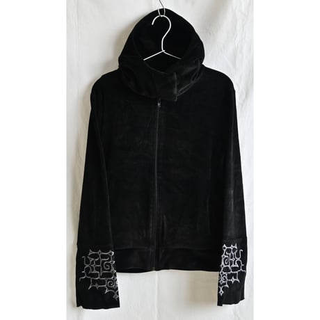 【vintage】"HIKARI"Ainu embroidery velour hooded parka -lady's S / black-