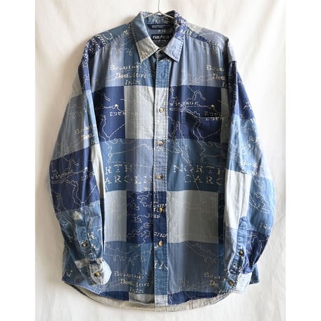 【90's vintage/ NAUTICA】patchwork map print herringbone shirt -M / NAVY × sax- (jt-233-11b)