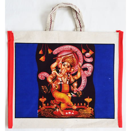 【made in India】"ganesha" masala cotton canvas bag -natural / 35×40×16cm- (ti-235-17)