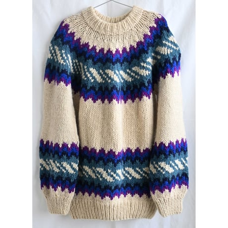 【80's vintage / handmade in Ecuador】"WOOLIES" wool crew kint sweater -XL / natural- (p-242-25)