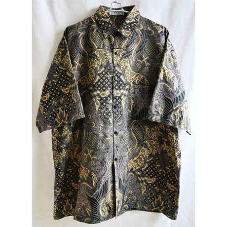 【80's vintage / bali batik】"phoenix & leaf" ethnic whole pattern s/s shirt -XXL- (om-237-2-７-11)