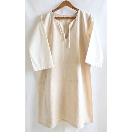 【1910-20’s Antique France】monogram antique French linen onepiece/night dress-M/natural-(om-2212-11b)