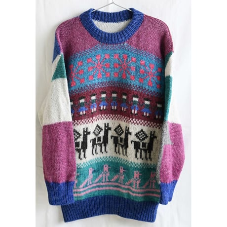 【80's vintage】hand knitting wool pop art crew neck sweater -S / alpaka bird geometeric- (jt-239-9c)