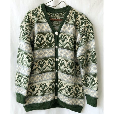 【70's euro vintage】wool nordic cardigan -ladys M / green × natural × sax- (p-2211-4g)