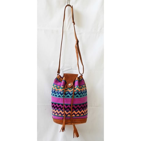 【70's vintage / Mexico handmade】cotton wave knitting × leather hippie shoulder bag (yh-2312-1)