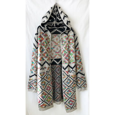 【France 90's vintage】Geometric pattern acrylic hood gown  -M / heather gray & rainboe -(om-2212-4b)