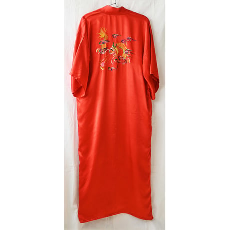 【70's euro vintage 】""dragon" embroidery silk china gown -free / red- (jt-218-13)