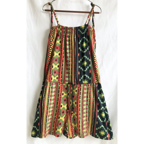 【80's India vintage / HB】ethnic geometric pattern salopette shorts -rasta- (om-228-5b)