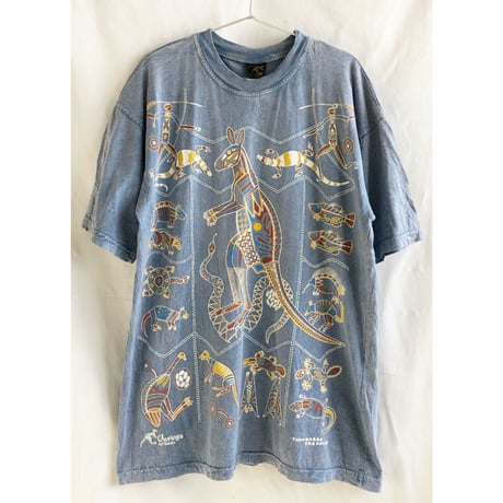 【80's vintage / Australia made】"Churinga" aborigine art pigment T-shirts -L / indigo- (jt-2211-16B)