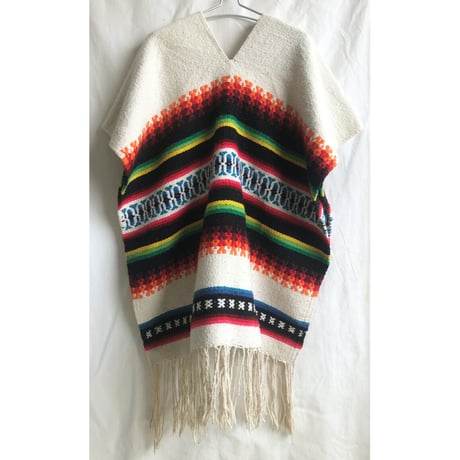 【70's vintage / mexico made】"native pattern" poncho -free / natural × rainbow- (om-228-13b)