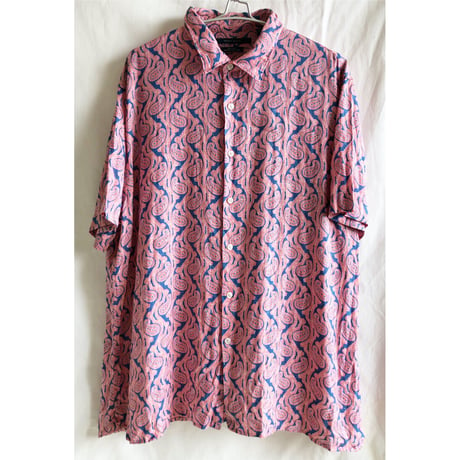 【90's / PERRY ELLIS】"paisley"total pattern linen s/s shirts -XL / pink × blue- (om-228-18b)