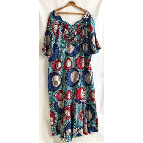 【 VINTAGE african batik】"african wax print " circle pattern one-piece /turquoise-pink/XL (om-228-7a)