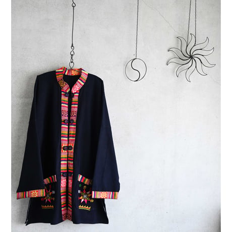 【70's  vintage / made in Thailand】"Hmong/モン族" tribal embroidery jacket -M / black- (jt-264-6-33)