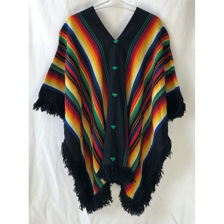 【70's vintage / mexico handmade】"native stripe" fringe old poncho -free / black × rainbow-/p-2211-9a