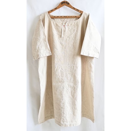 【1910-20’s Antique France】monogram antique French linen onepiece/night dress-M/natural-(om-2212-11c)