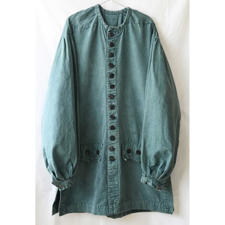 【40-50's euro vintage】"hand-stitched"heavy weight canvas long smock coat -forest green-(p-242-6-1)