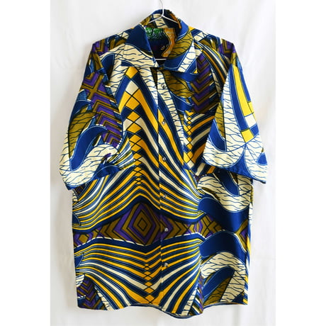 【70's vintage/african batik】psychedelic art short sleeve shirt -XL- (p-237-11)