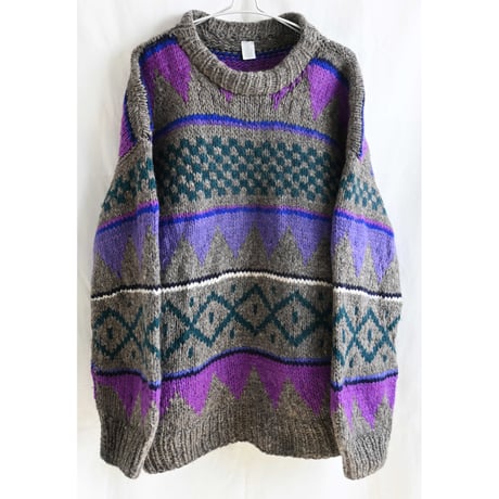 【80's vintage / made in Ecuador】"native" wool crew kint sweater -XL / charcoal gray- (jt-239-12b)