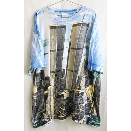 【90's USA vintage / Bayou Clothing Co.】"N.Y. twin tower" whole pattern T shirts -L- (sa-2306-2)