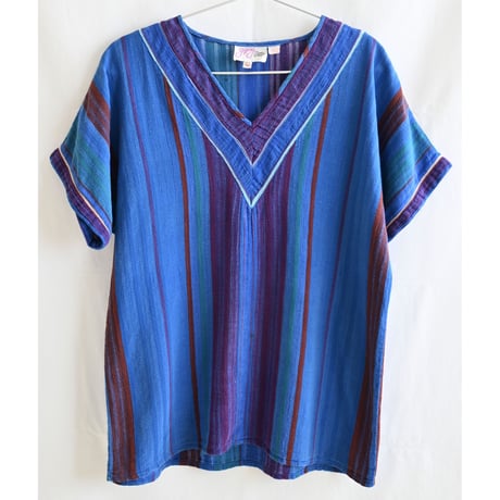 【70's vintage / india made】"gypsy" native stripe V-neck pullover shirt -lady's / blue- (om-237-16)